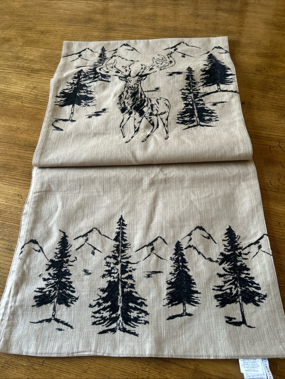Pottery Barn Embroidered Rustic Forest Table Runner Moose Trees Cotton 18x108”